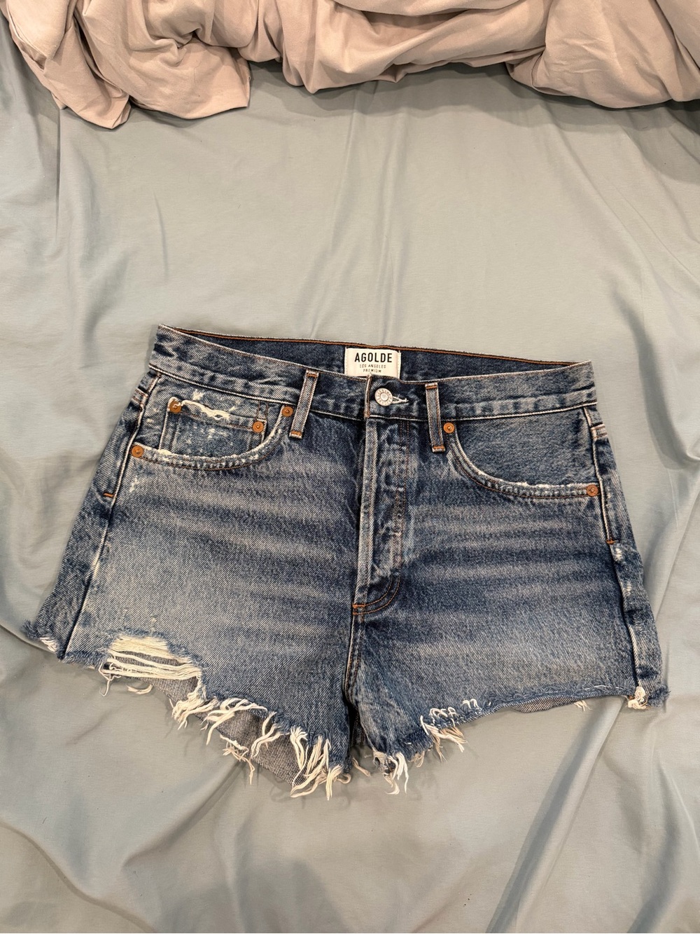 Agolde Light Blue Distressed High-Rise Denim Shorts